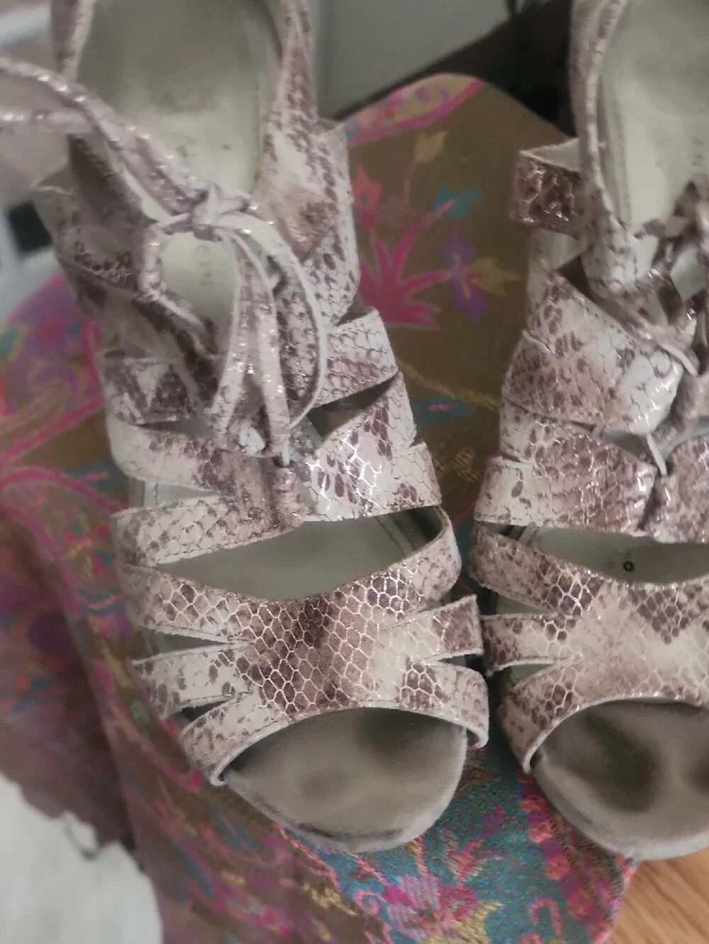 Anne Klein Taupe Snakeskin Lace-Up Peep-Toe Heels